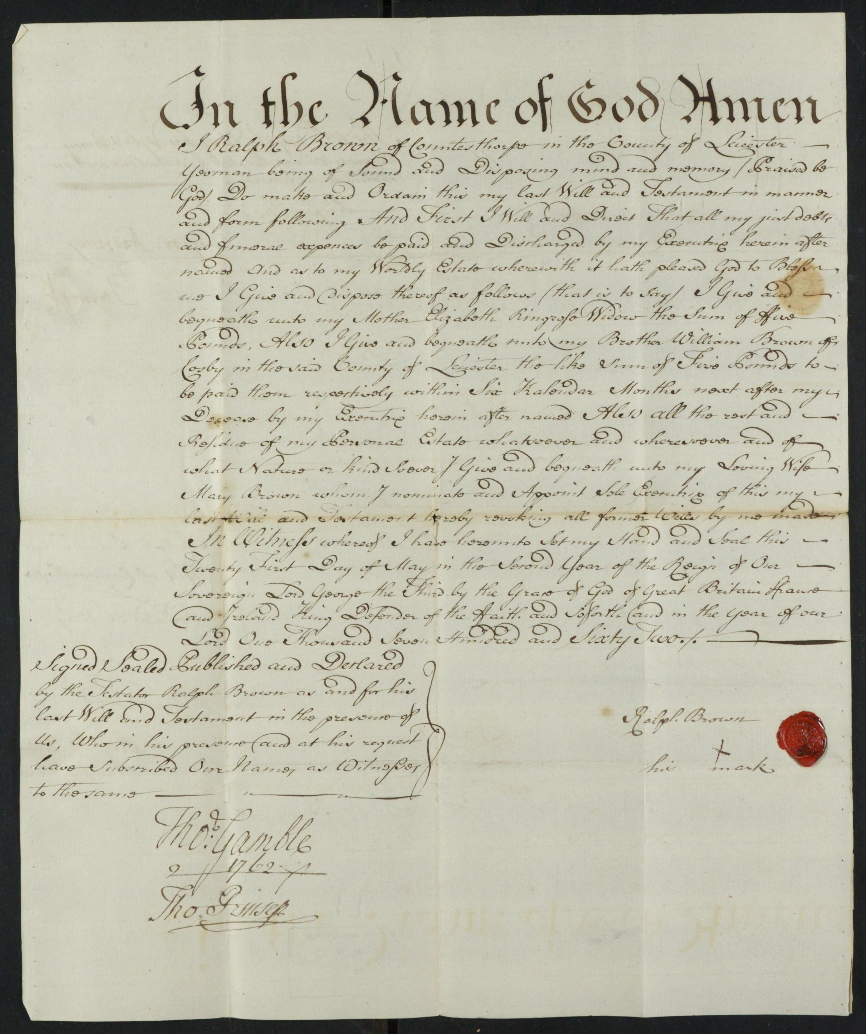 Ralph Brown's will of 1762